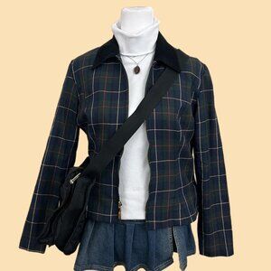 vintage 90s green navy plaid preppy academia zip up jacket